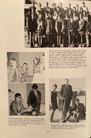 TOP: Marti Boatright, Joni Moran, Chuck McCullock
and. Chuck Runge ponder over future moneymakin '
proJects for the Honor Society, BOTTOM: Tom g
Parry, treasurer, and Paul Dawson president cot t
dues money at a meeting, ' ' m
128
Members of the Honor Society were as follows: ROW
1: Mark Rodriguez, Julie Higer, Amy Loper, Renie
Wachter, Sherri Leggett, Debbie Fuller, and Jane
Miller, ROW 2: Linda Romola, Kevin Stocker,
Kathy Buzick, Art Walker, Susan Gale, Pat Erickson,
and Martha Fritz. ROW 3: Lin Kopischke, Tarz
Muender, Carrie Lunnon, John Garland, Gary Route,
Jim Zarlengo, Gary Laubhan, Kitten Leonard, and
Jane Crandell. ROW 4: Dennis Kinsey, Taffy
Leonard, John Nance, Jim Gale, Guy Kelley, Chuck
Runge, Mark Townsend, and Bob Berglin.
Honor Society officers were as follows: Renie
Wachter, secretary; Mr. Larry Longwell, sponsor;
and Mark Dennis, vice president,
 