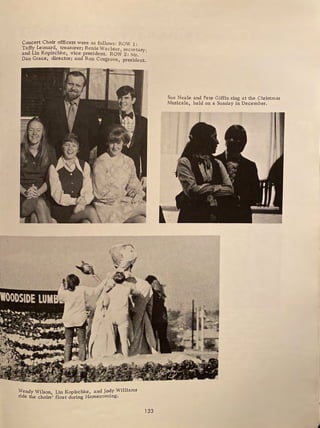 Concert Choir officers were as follows: ROW 1:
Taffy Leonard, treasurer; Renie Wachter secretary•
and Lin Kopischke, vice president. ROW 2: Mr. '
Dan Grace, director; and Ron Cosgrove, president.
Wendy Wilson, Lin Kopischke, and Jo~y Williams
ride the choirs' float during Homecoming.
133
Sue Neale and Pete Giffin sing at the Christmas
Musicale, held on a Sunday in December.
I l
JjJ
 