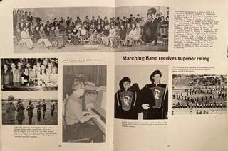 TOP: The members of the Band Council were as
follows: Steve Loper, Gary Route Mark Baca
Sherri. Leggett, Lee_ Ulshoffer, Lo~ Estes, Joa~e
Kloeker, Beth Jenkins, Bob Sestrich Lynette Maris
and Cindy Clippinger. BOTTOM: Marching Band '
members practice a routine.
136
Mr. Phil Vance, band and orchestra director, re-
hearses with the orchestra.
~•;hers of the hand were as follows: ROW 1· D
An ;rson, J, Sawyer, S, Leggett, C. Clippin.ge;
w
· pa'r_fY, ~ - Seeley, P. Davis, J. Hettenger, a~d
Gr.avince. OW 2: N. Swanson, B. Nielson, D.
Fultoi:"ky, T. Green, J. Johnston, K. Cord, J.
3, S c~· Peterson, B. Jenkins, and L. Maris. ROW
R. · . stensen, C. Dexter, J. Ramirez, M. Lake
Waft!?· D. McCrory, J. Klocke,, T. Foos, M. '
Wood ' L. Shade, P. Dawson, R. Foos, and P.
B W:•rtl. ROW 4: D, Frazier, B. Owings, T. Parry
· a e, C. Hada, K. Killian, L. Roggensack, K. '
g•e:dert, S. Wilson, M. Hagelstrom, L. Ulshoffer,
· udman, L. Rohrig, D. Farmer A Mallory
and C, Driftmier. ROW 5: M. Baca', s: Oakley,' c.
~=:d, D, Richardson, C. Wright, J. Thomas, M.
idt1 S. Marsh, T. Rohrig, D. Baca, M.
DeSaveno, L. Ulshoffer, G. Route, B. Semich,
T, B_eck, S. Loper, J. Zarlengo, D. Loose, T.
J
HaHmson, D. Holmes, L. Estes, J. French and
. aywood. '
Marching Band receives superior rating
She_rri Leggett, drum majorette, and Lon Estes, drum
maier, led the Saints' Marching Band throughout the
football season.
137
The Marching Band performs at the halftime of the
Homecoming game. They received a superior
rating at CSU 1s Band Days.
 