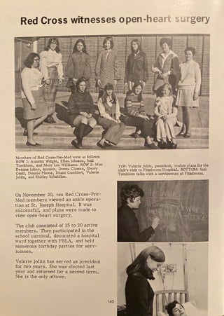 Red Cross witnesses open-heart surgery
Members of Red Cross-Pre- Med were as follows:
ROW 1: Annette Wright, Ellen Johnson, Suzi
Tornblom, and Mary Lou Williams. ROW 2: Miss
Deanna Leino, sponsor, Donna Clossen, Sherry
Graff, Donnie Pierce, Diane Gaeddert, Valerie
Jolit:L, and Shirley Scheidler.
On November 20, ten Red Cross-Pre-
Med members viewed an ankle opera-
tion at St. Joseph Hospital. It was
successful, and plans were made to
view open-heart surgery.
The club consisted of 15 to 20 active
members. They participated in the
school carnival, decorated a hospital
ward together with FBLA, and held
numerous birthday parties for serv-
icemen.
Valerie Jolitz has served as president
for two years. She was elected last
year and returned for a second term.
She is the only officer.
140
TOP: Valerie Jolitz, president, makes plans for the
club's visit to Fitzsimons Hospital. BOTTOM: Suzi
Tornblom talks with a se.rvicem:in at Fiasimons.
 