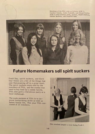 Members of the FHA were as follows: ROW 1:
Carolyn Terada, Cathy Ratcl:iff, and Cheryl Fowler.
ROW 2: Miss Marilyn Jantz, sponsor, Sherri Durman,
Debbie Baldwin, and Danielle Bam
Future Homemakers sell spirit suckers
Field Day, spirit suckers, and Slave
Day-these are a few of the things that
sent Homecoming off to a great start.
The spirit suckers were sold by the
members of FHA, and the money was
used to buy food for a needy family.
FHA also gave a Christmas party at a
local orphanage.
The main purpose of FHA is to im-
prove homemaking skills as well as
better family life. This year FHA con-
sisted of 12 members.
148
J
FHA members prepare a meal during Foods I.
 