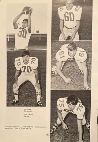 Jim Liley
Cornerback
Tom Jaryno
Tackle
TOP: Bob Schuchard
guard. BOTTOM· Ai' Eg
luard . CENTER: Don R .
. son, tackle. ozm1arek,
154
 