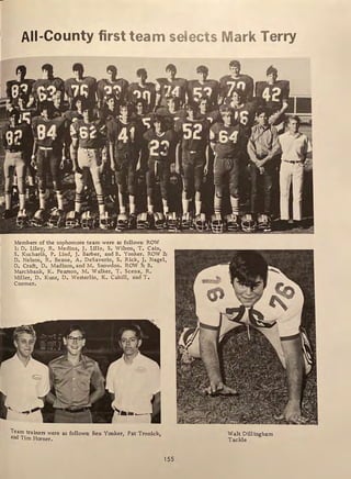 All-County first team selects Mark Terry
Members of the sophomore team were as follows: ROW
1: D, Liley, R. Medina, J. Lillo, S. Wilson, T . Cain,
S. Kucharik, P. Lind, J. Barber, and B. Yonker. ROW 2:
D. Nelson, R. Beane, A. DeSaverio, S. Rick, J. Nagel,
D, Craft, D. Madison, and M. Snowdon. ROW 3: B.
Marchbank, K. Pearson, M. Walker, T. Scena, R.
Miller, D. Kunz, D. Westerlin, K. Cahill, and T.
Coomer.
Team trainers were as follows: Ben Yonker, Pat Tronick,
and Tim Horner.
155
Walt Dillingham
Tackle
 