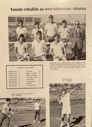 Tennis rebuilds as one letterman returns
-~-~--~--,
'
VARSITY RECORD
Jefferson 3 Arvada
Jefferson 1 Bear Creek
Jefferson 3 Wheat Ridge
Jefferson 0 Arvada West
Jefferson 1 Alameda
Jefferson 0 Lakewood
Jefferson 3 Golden
Jefferson 2 Evergreen
Steve Loper and Tony Ratcliff
No. 1 doubles
2
4
2
5
4
5
2
3
' 2ix? .
- --..· - .....~i:... ..... #
7 , - -~
=-
...
Members of the varsity team were as follows: ROW
1: Kevin Stocker, Paul Dawson, and Ed Perlmutter.
ROW 2: Tony Ratcliff, Steve Loper, Mark Dennis,
and Mark Walker. Coa ch Orlando C elentano stands
at far right
Ed Perlmutter
No. 1 singles

'
 