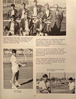 .l._..
--
-
Members of the junior varsity were as follows: ROW
1: Joe Perlmutter, Tom Parry, and Mike Schmid.
ROW 2: Howard Schmid, Bob McDermott, Neil
Swanson, and Rick Griffith. Coach Orlando
Celentano stands at far right.
Paul Dawson
No. 2 singles
159
Tennis underwent a rebuilding program
this year as only one letterman, Ed
Perlmutter, returned. The varsity
squad finished league play in sixth place,
with a 3-5 record.
No player qualified for state, but pros-
pects are better for next year. Three
sophomores, Tony Ratcliff, Steve Loper,
and Mark Walker lettered and will re-
turn in 1971.
After coaching at Jefferson for 11 years,
Coach Orlando Celentano does not plan
to return for another season. He is re-
tiring from coaching.
Mark Dennis and Mark Walker
No. 2 doubles
 