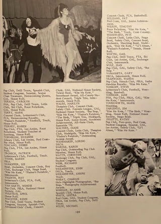 Pep Club, Drill Team, Spanish Club,
Student Congress, Senator, Senior
Class Treasurer, Homecoming Queen,
GAL, Honor Roll.
TERADA, CAROLYN
FHA, Pep Club, Drill Team, Latin
Club, Ski Club, Race Relations,
GAL, Honor Roll.
TERRY, MARK
Concert Choir, Lettermen's Club,
FCA, Homecoming Royalty,
"Finian's Rainbow," Football, Track,
Honor Roll.
TIERNEY, KAREN
Pep Club, FTA, Les Amies, Race
Relations, Student Teacher at
Lumberg, Honor Roll.
TORNBLOM, SUZANNE
Library Club, Les Amies, Red Cross-
Pre-Med, Honor Roll.
TOSCANO, DEBBIE
Pep Club, FTA, Les Amies, Honor
Roll.
TRONICK, PATRICK
Lettermen's Club, Football, Track.
TUDEK, KAREN
FBLA.
ULSHOFFER, LEE
Band, Orchestra, Concert Choir, Key
Club, Exchange Club, Stage Band,
"Kiss Me Kate," "Finian's Rainbow,"
Intramurals.
VALENTE RAY
Lettermen Club, FCA, Golf,
Intramurals.
VAN HAR TE, WENDIE
Pep Club, FBLA, National Honor
Society, GAL.
VUiETICH, APRIL
Honor Roll.
WACHTER, RENIE
Pep Club, ·Drill Team, Student
Congress, Senator, Spanish Club,
Advanced Girls' Choir, Concert
Choir, GAL, National Honor Society,
Talent Show, "Kiss Me Kate,"
Sweetheart Award, All-County Stu-
dent Council, Triple Trio, lntra-
murals, Honor Roll.
WALSH, MARILYN
Thespian Club, Concert Choir,
Safety Club. Forensic League, GAL,
National Honor Society, "Bus Stop,"
"Kiss Me Kate," "Finian's Rainbow,"
"The Birds, " Triple Trio, Madrigals,
Honor Roll, Junior Escort, Academic
Achievement, AU-State Choir,
Ensemble '70.
WALTERS, DIANE
Concert Choir, Latin Club, Thespian
Club, Madrigals, "Kiss Me Kate,"
"Finian's Rainbow," Outstanding
Actress Award.
WANEMAKER, LORING
DECA.
WARDLE, KAREN
Pep Club, Outstanding Pep Club
Member, Honor Roll.
WATTS, CHRISTINE
Exchange Club, Pep Club, GAL,
Student Congress.
WEBB, RICHARD
Football.
WEILMINSTER, JOHN
DECA, Track.
WEILMINSTER, JOSEPH
Track.
WHEAT, CHARLES
Halo Highlights Photographer, "Bus
Stop, " Photography Achievement
Awards.
WHEELER, JO ANNE
Spanish Club, Honor Roll.
WHITE, LESTRA
Red Cross, GAL, Student Congress,
FBLA, Les Amies, Pep Club, Drill
Team.
WILDE, MICHAEL
189
Concert Choir, FCA, Basketball.
WILLIAMS, PAT
Red Cross, GAL, Junior Achieve-
ment.
WILSON, TIMOTHY
Race Relations, "Kiss Me Kate "
"The Birds, " Track, Cross Co~try.
WOODWARD, PETE
Concert Choir, Latin Club, Stage
Band, Safety Club, Concert Band,
Orchestra, Marching Band, Madri-
gals, "Kiss Me Kate," "Li'l Abner,"
"Finian's Rainbow," Tennis, Honor
Roll.
WUETIG, GAIL
Pep Club, Drill Team, FTA, Ski
Club, Les Amies, GAL, Exchange
Club, Intramurals.
WULF, JEAN
Pep Club, GAL, Safety Club, "Bus
Stop."
YAMASHITA, GARY
DECA, Intramurals, Honor Roll.
YEARWOOD, WANDA
Pep Club, French Club, FBLA, Sadie
Hawkins Royalty. "Kiss Me Kate."
YONKOFF, STEVE
Lettermen's Club, Football, Wres-
tling, Baseball.
YOUNGER, JANE
FHA, Pep Club, FBLA, GAL, "Kiss
Me Kate, " Intramurals.
YOUNGWIR TH, MARK
Wrestling.
ZARLENGO, JIM
"Kiss Me Kate, " "The Birds," Wres-
tling, Honor Roll, National Honor
Society, Stage Band.
ZELLITTI, KATHY
Pep Club, Porn-porn, Red Cross,
Student_Congress, Senator, GAL,
Les Am1es, Safety Club, "Li'l
Abner, " "Kiss Me Kate. 11
 