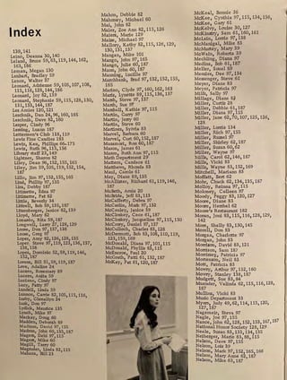 Index
139,141
Leino, Deanna 301 140
Leland, Bruce 59,631 1191 144,162,
163,186
Leman, Megan 130
Lenhart, Bradley 59
Lenox, Walter 37
Leonard, Adrienne 591 105, 1071 1081
115,116,128,144,186
Leonard, Joy 82, 139
Leonard, Stephanie 59, 115, 128, 1301
131, 133, 144, 187
Les Amies 120, 121
Leschnik1 Dan 24,961 160, 165
Leschnik, Dave 82, 160
Lesper, Cindy 96
Lessing, Luann 187
Lettermen's Club 118, 119
Lewis Fine Candies 183
Lewis, Ken, Phillips 66-173
Lewis, Ruth 96, 115, 156
Library staff 23, 149
Lightner, Sharon 82
Liley, Dean 96, 1521 155, 165
Liley, Jim 59, 1051 119, 152, 1541
187
Lillo, Jim 97, 1521 155, 165
Lind, Phillip 971 155
Lira, Debby 187
Liti:zzette, Edna 97
Liti:zzette, Pat 82
Little, Beverly 34
Littrell, Bob 59, 135, 187
Litzenberger, Janice 82, 139
Lloyd, Mary 82
Lonardo, Rita 59, 187
Longwell, Larry 27, 1281 129
Loose, Don 97,137,138
Loose, Greg 97
Loper, Amy 821 1261 1281 135
Loper, Steve 97, 119, 1231 136, 1371
138,158
Lopez, Dominic 52, 59, 1191 1461
152,187
Lorenz, Bill 51,591 119, 187
Love, Adaline 24
Lucero, Rosemary 89
Lucero, Anita 59
Luciano, Cindy 97
Lucy, Patty 97
Lundell, Linda 59
Lunnon, Carrie 821 105, 115 116
LusbyI Glenallyn 24
1 1
Lusk, Don 97
Lydick, Maurice 135
Lynch, Mike 97
Mackay, Doug 60
Madden, Deborah 89
Madison, David 97, 155
Madron, John 601
1351
187
Magers, Debi 97, 115
Magers, Mike 60
Magill, Terry 60
Magruder, Linda 82,115
Mahana, Bill 23
Mahon, Debbie 82
MahoneyI Michael 60
Mai, John 82
Maier, Zoe Ann 821 115, 126
Maiers, Marie 129
Maize, Michael 97
Mallory, Kathy 821 115, 126, 129,
130,131,137
Mangan, Mike 101
Mango, John 971 165
Mango, Julie 60,187
Mann, John 601 187
Manning, Lucille 97
Marchbank, Brad 971 132, 1521 1551
165
Marino, Clyde 971 1601 162, 163
Maris, Lynette 891 1151 136, 137
Marsh, Steve 971 137
Marsh, Sue 9'1
Marshall, Kathie 971 115
Martin, Garry 97
Martin, Jerry 60
Martin, Steve 60
Martinez, Sylvia 83
Marvel, Barbara. 60
Marvel, Curt 601 1521 187
Masamori, Ron 601 187
Mason, James 61
Mason, Ruth Ann 971 115
Math Department 29
Mattern, Candace 61
Matthews, Rhonda 83
Maul, Carole 61
MayI Diane 891 135
McAllister, Richard 611 1191 146,
187
McBeth1 Arnie 20
McBride, Jeff 831 113
Mccafferty, Debra 97
Mccaslin, Mark 97, 132
McCauley, Janice 39
McCloskey1 Cece 61 1 187
Mccloskey, Jacqueline 971 1151 130
McCrory, Daniel 971 137
McCulloch, Charles 831 128
McDermott, Bob 831 1081 110 119
1231
1591
169 I I
McDonald, Dian:1; 97,101,115
McDonald, Phyllis 831
115
McEncroe, Paul 20
McGrath, Patti 611 1321
187
McKay, Pat 611 1201
187
McKeal , Bonnie 36
McKee, Cynthia 97, 1151 134, 1561
McKee, Gary 61
McKelvy, Louise 301 127
McKinstry, Sam 61 1 1601 161
McLain, Lorrie 97, 138
McManigal, Mike 83
McMurtey, Mary 39
McWain, Roberta 39
Mechling, Diana 97
Medina, Bob 61 1 187
Meller, Souel 89
Menzies, Dee 97, 134
Messenger, Steve 61
Meyer, Diane 83
Meyer, Patricia 97
Milfs, Sally 97
Millage, Diane 8j3
Miller, Curtis 28
Miller, Debbie 611 187
Miller, Diana 97,115
Miller, Jane 621 701 1071 1251 1261
128
Miller, Lorrie 134
Miller, Rich 97, 155
Miller, Russel 97
Miller, Shirley 621 187
Miller, Susan 601 62
Miller, Wayne 97
Mills, Carol 621 1461 187
Mills, Vicki 83
Mills, Wayne 831 1521 169
Mitchell, Mariann 83
Moffatt, Bert 62
Mohr, Chuck 621 1341 1351 187
Molloy, Reinna 971 115
MoloneyI Colleen 97
Moody, Peggy 831 1201 127
Moore, Diane 83
Moore, Hershel 62
Moore's Restaurant 182
Moran, Joni 831 1151 1161 128, 1291
142
More, Shelly 831 1301 145
Morell, Don 83
Morgan, Charlotte 97
Morgan, John 83
Morrison, David 83, 121
Morrison, Sam 187
Morrisse¥, Patricia 97
Mortensbn1 Neil 83
Mott, Patricia 83
Mowry, Arthur 971 132, 160
Mowry, Stanley 1381 187
Mudgett, Sue 831 84
Muender, Valinda 621
1151 1161 128,
187
Mullins, Vicki 83
Music Department 33
Myers, Judy 491
621
1141
1151 120,
127,187
Nagemeir, Steva 97
Nagle, Joe 971
155
Nance, John 621
1281
152,153,167, 187
National Honor Society 128, 129
Neale, Susan 831
1331
1341
135
Neiberger, Marie 831
881
115
Nelson, Dave 97 155
Nelson, Lois 39 '
Nelson, Mark 97, 1521
165, 166
Nelson, Mary Anne 62 187
Nelson, Mike 63 187
1
l
 