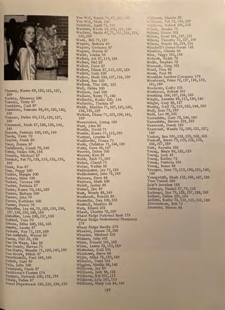 Tierney, Karen 69,120,121,127,
189
Toohey, Maureen 100
Tormey, Terry 87
Tornblom, Carl 87
Tornblom, Suzanne 36, 69, 120, 140,
189
Toscano, Debra 69, 115, 120, 127,
189
Townsend, Mark 87, 126, 128, 142,
143
Travers, Patricia 100, 1451 149
Travis, Terry 70
Traylor, Frank 20
Treat, Donna 87
Trebilcock, Candi 70, 146
Trites, Helen 100, 134
Tronick, Michael 87
Tronick, Pat 70, 118, 119, 152, 155,
189
Trout, Ron 87
True, Peggy 100
Tucker, Margie 100
Tucker, Mike 100
Tucker, Tawana 100
Tucker, Patricia 87
Tude1<, Karen 70, 145, 189
Turano, Barbara 100
Turano, John 70
Turner, Kathleen 100
Turner, Nancy 70
Ulshoffer, Lee 44, 70, 123, 135, 136,
137,138,139,144,189
Ulshoffer, Lynn 1001 137, 138
Unfried, Tom 70
Urbana, Mike 1001
132, 165
Ursetta, Laurie 87
Valente, Ray 71, 119, 189
Van Ardsdale, Wayne 20
Vance, Phil 33, 136
Van De Wege, Lisa 36
Van Gundy, Stevan 71
Van Harte, Wendie 71, 129, 145, 189
Van Scoyk, Mitch 87
Vecchiarelli, Fred 166, 168
Veitch, Gary 89
Vela, Julia 100
Velasquez, Frank 87
Veldkamp's Florists 174
Venture, Deborah 1001 132, 134
Vitale, Debra 87
Vocal DeJ?artment 132,133,134,135
Von Wyl, Karen 74,87, 12! 1 47
Von Wyl, Mark 100
Vuletich, April 71, 189
Wachter, Kevin 241 1001 113, 1o9
Wachter, Renie 47, 71 1 115, 128,133,
135,189
Wade, Bill 71, 137
Wagner, Barbara 89
Wagner, Gerianne 87
Wagner, Sharon 87
Waide , Louise 39
Walker, Art 87,11 9,128
Walker, Del 20
Walker, Dave 87
Walker, Diane 87,115,125,129
Walker, Gary 100
Walker, Mark 100,137, 158, 159
Walker, Sue 100
Walkers, Tim 100, 155
Wall, Debra 100
Wallace, Joel 100
Wallace, Kerry 71,146
Wallachy, Kathy 100, 134
Wallachy, Theresa 87
Walsh, Marilyn 71,107,125,126,
134,135,189
Walters, Diane 71, 125, 134, 141,
189
Wanemaker, Loring 189
Ward, John 88
Wardle, David 71
Wardle, Karen 71,115,189
Wartner, Lynette 87
Wasilewski, Donna 71
Watts, Christine 71, 144, 189
Watts, Dave 88,147
Weaver, Debra 100
Weaver, Ken 38
Webb, Rich 71, 189
Weber, Cheryl 71
Weber, Walter 38
Weilminster, Joe 71,189
Weilminster, John 72, 189
Weiman, Dave 88
Weiman, Mark 100
Welch, Janice 88
Wessel, Jim 39
West, Wendy 88, 149
Westbrook, Ronald 88
Westerlin, Dan 100, 155
Westtall, Marilyn 38
Wetz, Eileen 101
Wheat, Charles 721 189
Wheat Ridge National Bank 179
Wheat Ridge Professional Pharmacy
176
Wheat Ridge Realty 179
Wheeler, Joanne 721 189
Wheeler, Michael 101
Whissen, John 101
White, Donald 101, 165
White, Lestra 721 115, 189
WhittakerI Gail 101
Wickhorst, Steve 88
Wilde, Mike 721 1351 189
Wilhelm, Terri 101
Wiggins, Merlin 88,142
Williams, Jay 89
Williams, Jody 88, 133
Williams, Kit 101, 113
Williams, Lyla 101,115
Williams, Mary Lou 881 140
197
"villiams, Marvin 28
.:lli..1.ms, Pat 72, 130, 189
Robert 101,132
Wilson, Marsha 72
Wilson, Nancy 101
Wilson, Scott 101,137, 155
Wilson, Timothy 72 1 107,189
Wilson, Wendy 88,133,134
Winchell' s Donut House 182
Winslow, Glenda 88
Wise, Peggy 101, 134
Wolcott, Ralph 72
Wolfe, Stephen 72
Womack, Greg 101
Wood, Pam 88
Wood, Paul 88
Woodside Lumber Company 179
Woodward, Peter 72,137, 138, 139,
141,189
Woolaver, Cathy 101
Werthman, Robert 101
Wrestling 166,167, 1681 169
Wright, Annette 88, 1151 130, 140
Wright, Gary 881 137
Wuetig, Gail 72, 115, 120, 144, 189
Wulf, Jean 73, 189
Wulf, Leo 96, 101
Yamashita, Gary 72, 1461 189
Yamashita, Steven 101, 165
Yearwood, Derek 101
Yearwood, Wanda 72,120,121, 1271
189
Yonker, Ben 101, 152, 155, 162, 165
Yonkoff1
Steve 73,119, 1521 1531
166,167,189
York, Raynita 101
Young, Bruce 881 122, 123
Young, Jack 35
Young, Kelley 73
Young, Patricia 101
Young, Susan 88
Younger, Jane 731 115, 1301 131, 145,
189
Youngwirth, Mark 152,166,167,189
Your Valent 180
Zale,-s Jewelers 183
Zarlengo, Daniel 57, 73, 113
Zarlengo, Jim 731 128,137, 138, 189
Zellner, Debra 1011 134
Zellitti, Kathy 73,113,115,116,189
Zimmerman, Bob 73
Zouredes, Steven 88
 