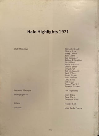 Halo Highlights 1971
Staff Members Micbele Brandt
I
Nancy Brew
Mary Cronin
Pam Daiss
Jan Davenport '
Debbie Eilenstine
Dave Hahn
Myra Hoffarth
Debbie Jones
Doug Kraft
Bob McDermott -
Barb O'Day
Randi Popiel
Lori Premer
Dana Reck
Jeff Stone
Karen Von Wyl
Lynette Wartner
Business Manager Lin Kopischke J,
Photographers Scott Kline
Dave Watts
Francois West
Editor Maggie Roth
Advisor Miss Paula Pearcy
200
 