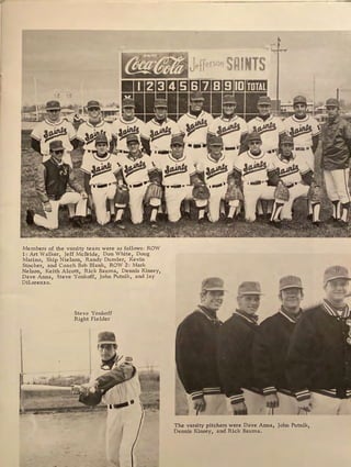 Members of the varsity team were as follows: ROW
1: Art Walker, Jeff McBride, Don White, Doug
Marino, Skip Nielson, Randy Dumler, Kevin
Stocker, and Coach Bob Blank, ROW 2: Mark
Nelson, Keith Alcott, Rick Bauma, Dennis Kinsey,
Dave Anna, Steve Yonkoff, John Putnik, and Jay
Dilorenzo.
Steve Yonkoff
Right Fielder
The varsity pitchers were Dave Anna, John Putnik,
Dennis Kinsey, and Rick Bauma.
L
 