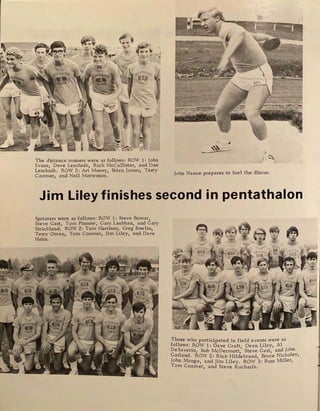 The distance runners were as follows: ROW 1: John
Evans, Dave Leschnik, Rick Mccallister, and Dan
Leschnik. ROW 2: Art Mowry, Brian James, Terry
Coomer, and Neil Mortenson.
John Nance prepares to hurl the discus.
Jim Liley finishes second in pentathalon
Sprinters were as follows: ROW 1: Steve Bomar,
Steve Gast, Tom Pinnow, Gary Laubhan, and Gary
Strickland. ROW 2: Tom Harrison, Greg Bowlin,
Terry Oman, Tom Coomer, Jim Liley, and Dave
Hahn.
Those who participated in field events were as
follows : ROW 1: Dave Craft Dean Liley, Al
De Saverio, Bob McDermott' Steve Gast, and John
Garland. ROW 2: Rick Hildebrand Bruce Nickoley,
John Mango, and Jim Liley. ROW '3: Russ Miller,
Tom Coomer, and Steve Kucharik.
w
tt.A! '-
w
~1 .. ..
I'
#
 