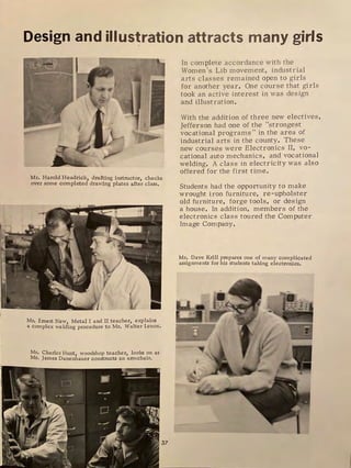 Design and illus~ration attracts many girls
Mr. Harold Headrick, drafting instructor, checks
over some completed drawing plates after class.
Mr. Ernest New, Metal I and II teacher, explains
a complex welding procedure to Mr. Walter Lenox.
Mr. Charles Hunt, woodshop teacher, looks on as
Mr. James Danenhauer constructs an armchair.
37
In complete accordance with the
Women's Lib movement, industrial
arts classes remained open to girls
for another year. One course that girls
took an active interest in was design
and illustration.
With the addition of three new electives,
Jefferson had one of the "strongest
vocational programs" in the area of
industrial arts in the county. These
new courses were Electronics II, vo-
cational auto mechanics, and vocational
welding. A class in electricity was also
offered for the first time.
Students had the opportunity to make
wrought iron furniture, re-upholster
old furniture, forge tools, or design
a house. In addition, members of the
electronics class toured the Computer
Image Company.
Mr. Dave Krill prepares one of many complicated
assignments for his students taking electronics.
 