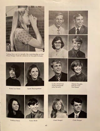 Taking time out to sample the merchandise at the
Wheat Ridge Festival carnival is Mayzell Ewbank.
Karia Lee Basta Sarah Baumgartner
Kathryn Bean Terry Beck
45
Lucky Beickmen
Susan Bernhardt
John Beverly
Cheri Bonger
Robert Berglin
Bill Beverly
Pat Bisant
Chris Bonger
 