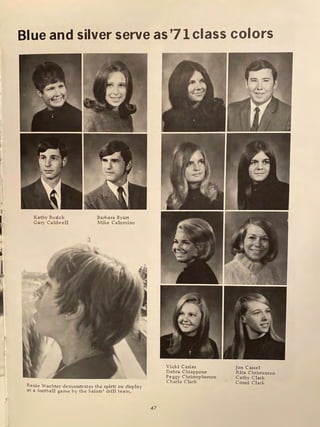 r
1
(
J
Blue and silver serve as '71 class colors
Kathy Buzick
Gary Caldwell
J
Barbara Byars
Mike Calomino
Renie Wachter demonstrates the spirit on display
at a footba ll game by the Saints' drill team.
47
V icki Casias
Debra Chiappone
Peggy Christopherson
Charla Clark
Jon Cassel
R ita Christensen
Cathy Clark
Conni Clark
 