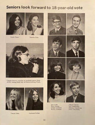 Seniors look forward to 18-year-old vote
Linda Fraser Martha Fritz
Connie Harvey watches as students prove their
ability during field day of Homecoming Week.
Tracie Fritz Deborah Fuller
53
Jim Gale
Rex Garnes
Linda Garrison
Becky Graham
Albert Garcia
Sal Garramone
Dianne Gieselman
Dave Gravinsky
 