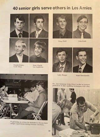40 senior girls serve others in Les Amies
Dennis Kinsey
Scott Kline
Mark Kipple
Lin Kopischke
../  .
~igistration ~s a time for students to discuss their
que experiences during summer vacation.
58
Doug Kraft John Kraft
LaITy Kreger Mark Knichowsky
Mr. .J:ss Quintana helps Lloyd Saylor to become
proficient at slab-molding techniques with clay.
 