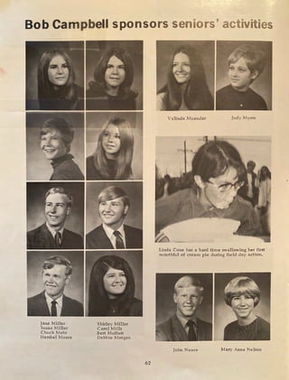 Bob Campbell sponsors seniors' activities
Jane Miller
Susan Miller
Chuck Mohr
Hershel Moore
Shirley Miller
Carol Mills
Bert Moffatt
Debbie Morgan
62
Valinda Muender Judy Myers
Linda Cone has a hard time swallowing her first
mouthful of cream pie during field day action.
John Nance Mary Anne Nelson
 
