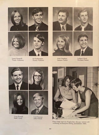 Janet Pennell
Trudy Pokorney
Greg Powell
Mary Purdy
Ed Perlmutter
Ro cky Polidori
Lori Premer
John Putnik
64
Phil Plastino
Bonnie Porter
Leland Plush
Richa rd Porter
Pam Daiss and Lin Kopischke discuss various ad-
vertising techniques during journalism class.
 