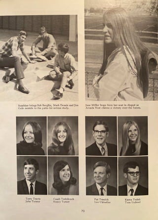 Sunshine brings Bob Berglin, Mark Dennis and Jim
Gale outside to the patio for serious study.
Terry Travis
John Turano
Candi Trebilcock
Nancy Turner
70
Jane Miller leaps from her seat in disgust as
Arvada West claims a victory over the Saints.
Pat Tronick
Lee Ulshoffer
Karen Tudek
Tom Unfried
 