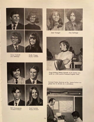 t
r
1
:t
Steve Yonkoff
Jim Zarlengo
Bob Zimmerman
Richard Hellner
Kelly Young
Kathy Zellitti
Paul Dawson
Nancy Hunter
73
Jane Younger Dan Zarlengo
Doug Eulberg listens intently as he learns new
skills in a first quarter Business English class.
Richard Porter observes as Mr. James Sulcer ex-
plains how to divide on a calculator.
 