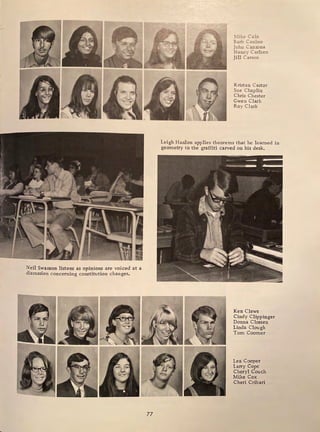 Neil Swanson listens as opinions are voiced at a
discussion concerning constitution changes.
77
Mike Cain
Barb Canino
John Camona
Nancy Carlsen
Jill Carson
Kristen Castor
Sue Chaplin
Chris Chester
Gwen Clark
Roy Clark
Leigh Hanlon applies theorems that he learned in
geometry to the graffiti carved on his desk.
Ken Clews
Cindy Clippinger
Donna Clossen
Linda Clough
Tom Coomer
Lea Cooper
Larry Cope
Cheryl Couch
Mike Cox
Cheri Cribari
 