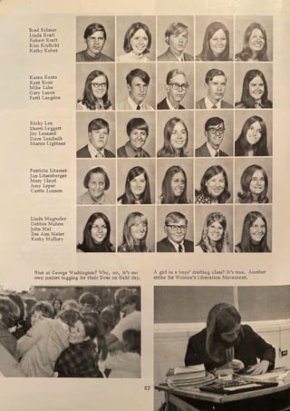 Brad Kriznar
Linda Kraft
Robert Kraft
Kim Krolicki
Kathy Kubes
Karen Kuntz
Kent Kunz
Mike Lake
Gary Lance
Patti Langdon
Ricky Lee
Sherri Leggett
Joy Leonard
Dave Leschnik
Sharon Lightner
Patricia Litazzet
Jan Litzenberger
Mary Lloyd
Amy Loper
Carrie Lunnon
Linda Magruder
Debbie Mahon
John Mai
Zoe Ann Maier
Kathy Mallory
Riot at George Washington? Why, no, it's our
own juniors tugging for their lives on field day.
82
A girl in a boys' drafting class? It's true. Another
strike for Women's Liberation Movement.
 