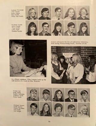 r~=~ ~,i~
,,,,
.? j
Kay Sm.itb
Mary Ann Smith
~~~----~
Paulette Smith
Ste,•e Smith
Tina Smith
La:n-y Snow
Ma:rsha Snyder
A$ a library assistant, Ellen Johnson looks up the
call number of a book for Mrs. Bramlet.
Victor Sod
Matt Sotak
Kathie Sothman
William Soule
Nonn Spahr
Michael Spears
Linda Speers
Nancy Spykstra
Don Stark
Sue Steger
86
Juniors anticipate the fun of sophomore initiation,
held during Homecoming Week, October 19 -24.
 