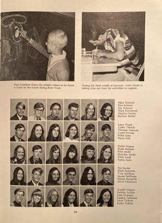 Don Gaeddert shows his artistic talent as he draws
a Saint on the board during Beat Week.
99
During the final month of summer, Larry Shade is
taking time out from his activities to register.
Mike Schmid
Don Schnorr
Jim Schrock
Mike Schuchard
Marilyn Seeley
Barbara Seidel
Larry Shade
Cathy [ hively
Theresa Simmon
Carol Simons
Mike Sims
Steve Sisk
Debbi Skeens
Mark Skelton
Kim Smith
Marylea Smith
Chris Snell
Robin Snow
Pat Snyder
Mark Snowdon
Tina Spallone
James Spillman
Eileen Sponable
Steve Steinbach
Arnold Strasser
Debbie Sullins
Jane Swanson
Sandra Taddonio
Dave Talbott
Kathy Talkin
 