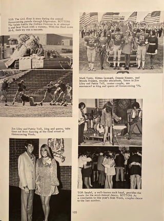 TOP: The GAL float is seen during the annual
Homecoming parade through Edgewater. BOTTOM:
The Saints battle the Golden Demons in at attempt
to end Beat Week with a victory. With the final score
26-8, their try was a success.
~.
•l'i,{:j,,t ,. ~ !ti
• "' ·r; . :.,r.. Y- --
Jim Liley and Pattie Tell, king and queen, take
time out from dancing at the final event of
Homecoming Week.
''I
,- I
105
Mark Terry, Kitten Leonard, Dennis Kinsey, and
Brenda Franzen, royalty attendants, listen as Jim
Liley and Pattie Tell, center couple, are
announced as king and queen of Homecoming 1
70.
TOP: Israfel, a well-known rock band, provides the
music for the semi-formal dance. BOTTOM: As
a conclusion to this year's Beat Week, couples dance
to the last number.
 
