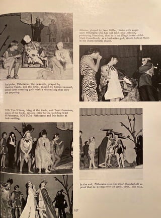 Euelpides, Pithetarus, the peacock, played by
Marilyn Walsh, and the dove, played by Kitten Leonard,
tempt three entering gods with a roasted pig that they
are preparing.
TOP: Tim Wilson, king of the birds, and Terri Gunnison,
queen of the birds, rejoice prior to the wedding feast
of Pithetarus, BOTTOM: Pithetarus and Iris dance at
their wedding,
107
At hena, played by Jane Miller, looks with anger
11pon Pithetarus who has just told John DeBello,
portraying Hercules, that he is an illegitimate child.
Mark Hasselbach, as a barb arian god, stands behind them
in his characteristic stupor.
In the end, Pithetarus receives Zeus' thunderbolt as
proof that he is king over the gods, birds, and man.
 