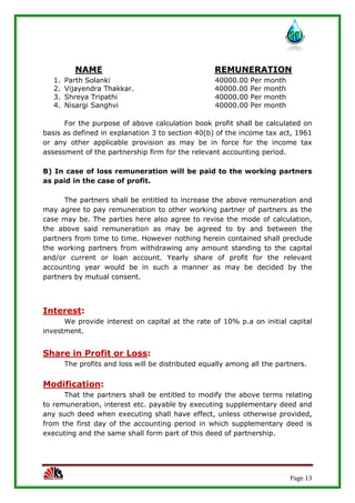 Page 13
NAME REMUNERATION
1. Parth Solanki 40000.00 Per month
2. Vijayendra Thakkar. 40000.00 Per month
3. Shreya Tripathi 40000.00 Per month
4. Nisargi Sanghvi 40000.00 Per month
For the purpose of above calculation book profit shall be calculated on
basis as defined in explanation 3 to section 40(b) of the income tax act, 1961
or any other applicable provision as may be in force for the income tax
assessment of the partnership firm for the relevant accounting period.
B) In case of loss remuneration will be paid to the working partners
as paid in the case of profit.
The partners shall be entitled to increase the above remuneration and
may agree to pay remuneration to other working partner of partners as the
case may be. The parties here also agree to revise the mode of calculation,
the above said remuneration as may be agreed to by and between the
partners from time to time. However nothing herein contained shall preclude
the working partners from withdrawing any amount standing to the capital
and/or current or loan account. Yearly share of profit for the relevant
accounting year would be in such a manner as may be decided by the
partners by mutual consent.
Interest:
We provide interest on capital at the rate of 10% p.a on initial capital
investment.
Share in Profit or Loss:
The profits and loss will be distributed equally among all the partners.
Modification:
That the partners shall be entitled to modify the above terms relating
to remuneration, interest etc. payable by executing supplementary deed and
any such deed when executing shall have effect, unless otherwise provided,
from the first day of the accounting period in which supplementary deed is
executing and the same shall form part of this deed of partnership.
 