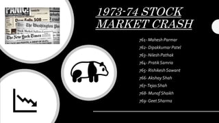 1973-74 STOCK
MARKET CRASH
761- Mahesh Parmar
762- Dipakkumar Patel
763- Nilesh Pathak
764- Pratik Samria
765- Rishikesh Sawant
766- Akshay Shah
767-Tejas Shah
768- Munaf Shaikh
769- Geet Sharma
 