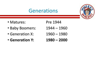 Generations
• Matures: Pre 1944
• Baby Boomers: 1944 – 1960
• Generation X: 1960 – 1980
• Generation Y: 1980 – 2000
 
