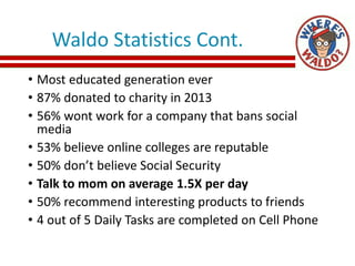 Waldo Statistics Cont.
• Most educated generation ever
• 87% donated to charity in 2013
• 56% wont work for a company that bans social
media
• 53% believe online colleges are reputable
• 50% don’t believe Social Security
• Talk to mom on average 1.5X per day
• 50% recommend interesting products to friends
• 4 out of 5 Daily Tasks are completed on Cell Phone
 