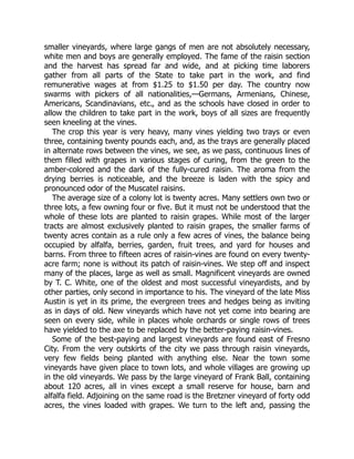 smaller vineyards, where large gangs of men are not absolutely necessary,
white men and boys are generally employed. The fame of the raisin section
and the harvest has spread far and wide, and at picking time laborers
gather from all parts of the State to take part in the work, and find
remunerative wages at from $1.25 to $1.50 per day. The country now
swarms with pickers of all nationalities,—Germans, Armenians, Chinese,
Americans, Scandinavians, etc., and as the schools have closed in order to
allow the children to take part in the work, boys of all sizes are frequently
seen kneeling at the vines.
The crop this year is very heavy, many vines yielding two trays or even
three, containing twenty pounds each, and, as the trays are generally placed
in alternate rows between the vines, we see, as we pass, continuous lines of
them filled with grapes in various stages of curing, from the green to the
amber-colored and the dark of the fully-cured raisin. The aroma from the
drying berries is noticeable, and the breeze is laden with the spicy and
pronounced odor of the Muscatel raisins.
The average size of a colony lot is twenty acres. Many settlers own two or
three lots, a few owning four or five. But it must not be understood that the
whole of these lots are planted to raisin grapes. While most of the larger
tracts are almost exclusively planted to raisin grapes, the smaller farms of
twenty acres contain as a rule only a few acres of vines, the balance being
occupied by alfalfa, berries, garden, fruit trees, and yard for houses and
barns. From three to fifteen acres of raisin-vines are found on every twenty-
acre farm; none is without its patch of raisin-vines. We step off and inspect
many of the places, large as well as small. Magnificent vineyards are owned
by T. C. White, one of the oldest and most successful vineyardists, and by
other parties, only second in importance to his. The vineyard of the late Miss
Austin is yet in its prime, the evergreen trees and hedges being as inviting
as in days of old. New vineyards which have not yet come into bearing are
seen on every side, while in places whole orchards or single rows of trees
have yielded to the axe to be replaced by the better-paying raisin-vines.
Some of the best-paying and largest vineyards are found east of Fresno
City. From the very outskirts of the city we pass through raisin vineyards,
very few fields being planted with anything else. Near the town some
vineyards have given place to town lots, and whole villages are growing up
in the old vineyards. We pass by the large vineyard of Frank Ball, containing
about 120 acres, all in vines except a small reserve for house, barn and
alfalfa field. Adjoining on the same road is the Bretzner vineyard of forty odd
acres, the vines loaded with grapes. We turn to the left and, passing the
 