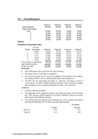 6.16 Financial Management
Project A Project B Project C Project D
Initial Investment 200,000 190,000 250,000 210,000
Project Cash Inflows
Year 1 50,000 40,000 75,000 75,000
2 50,000 50,000 75,000 75,000
3 50,000 70,000 60,000 60,000
4 50,000 75,000 80,000 40,000
5 50,000 75,000 100,000 20,000
Solution
Calculation of net present value:
Present
Period value factor Project A Project B Project C Project D
1 0.893 44,650 35,720 66,975 66,975
2 0.797 39,850 39,850 59,775 59,775
3 0.712 35,600 49,840 42,720 42,720
4 0.636 31,800 47,700 50,880 25,440
5 0.567 28,350 42,525 56,700 11,340
Present value of cash inflows 180,250 215,635 277,050 206,250
Less: Initial investment 200,000 190,000 250,000 210,000
Net present value (19,750) 25,635 27,050 (3,750)
Advantages
NPV method takes into account the time value of money.
The whole stream of cash flows is considered.
The net present value can be seen as the addition to the wealth of share holders.
The criterion of NPV is thus in conformity with basic financial objectives.
The NPV uses the discounted cash flows i.e., expresses cash flows in terms of
current rupees. The NPVs of different projects therefore can be compared. It implies
that each project can be evaluated independent of others on its own merit.
Limitations
It involves difficult calculations.
The application of this method necessitates forecasting cash flows and the discount
rate. Thus accuracy of NPV depends on accurate estimation of these two factors
which may be quite difficult in practice.
The ranking of projects depends on the discount rate. Let us consider two projects
involving an initial outlay of ` 25 lakhs each with following inflow :
(` in lakhs)
1st year 2nd year
Project A 50.0 12.5
Project B 12.5 50.0
© The Institute of Chartered Accountants of India
 