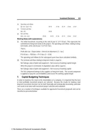 Investment Decisions 6.9
(n) Operating cash inflows
[(j) +(e) + (g) (1–T)] 30.70 27.36 25.14 23.66 22.67
(o) Terminal cash flow
[(k) + (l) ] 30.00
(p) Net cash flow.
[(m) + (n) + (o) ] (70.0) 30.70 27.36 25.14 23.66 52.67
Working Notes (with explanations):
(i) The initial investment, occurring at the end of year 0, is ` 70 lacs. This represents the
commitment of long-term funds to the project. The operating cash inflow, relating to long-
term funds, at the end of year 1 is ` 30.7 lacs.
That is,
Profit after tax + Depreciation + Interest on debentures (1 – tax )
` 8.45 lacs + `20 lacs + ` 4.5 lacs (1 – 0.50)
The operating cash inflows for the subsequent years have been calculated similarly.
(ii) The terminal cash flow relating to long-term funds is equal to :
Net Salvage value of plant and equipment + Net recovery of working capital margin
When the project is terminated, its liquidation value will be equal to:
Net Salvage value of plant and equipment + Net recovery of working capital
The first component belongs to the suppliers of long-term funds. The second component
is applied to repay the current liabilities and recover the working capital margin.
7. Capital Budgeting Techniques
In order to maximise the return to the shareholders of a company, it is important that the best
or most profitable investment projects are selected. Because the results for making a bad
long-term investment decision can be both financially and strategically devastating, particular
care needs to be taken with investment project selection and evaluation.
There are a number of techniques available for appraisal of investment proposals and can be
classified as presented below:
© The Institute of Chartered Accountants of India
 