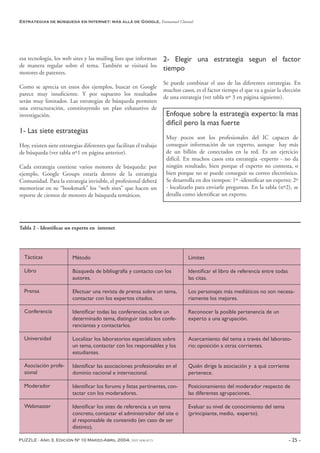 PUZZLE - Año 3, Edición Nº 10 Marzo-Abril 2004, ISSN 1696-8573 - 25 -
esa tecnología, los web sites y las mailing lists que informan
de manera regular sobre el tema. También se visitará los
motores de patentes.
Como se aprecia en estos dos ejemplos, buscar en Google
parece muy insuficiente. Y por supuesto los resultados
serán muy limitados. Las estrategias de búsqueda permiten
una estructuración, constituyendo un plan exhaustivo de
investigación.
1- Las siete estrategias
Hoy, existen siete estrategias diferentes que facilitan el trabajo
de búsqueda (ver tabla nº1 en página anterior).
Cada estrategia contiene varios motores de búsqueda: por
ejemplo, Google Groups estaría dentro de la estrategia
Comunidad. Para la estrategia invisible, el profesional deberá
memorizar en su “bookmark” los “web sites” que hacen un
reporte de cientos de motores de búsqueda temáticos.
2- Elegir una estrategia segun el factor
tiempo
Se puede combinar el uso de las diferentes estrategias. En
muchos casos, es el factor tiempo el que va a guiar la elección
de una estrategia (ver tabla nº 3 en página siguiente).
Estrategias de búsqueda en Internet: más allá de Google, Emmanuel Chanial
Tabla 2 - Identificar un experto en internet
Tácticas
Libro
Prensa
Conferencia
Universidad
Asociación profe-
sional
Moderador
Webmaster
Método
Búsqueda de bibliografía y contacto con los
autores.
Efectuar una revista de prensa sobre un tema,
contactar con los expertos citados.
Identificar todas las conferencias. sobre un
determinado tema, distinguir todos los confe-
renciantes y contactarlos.
Localizar los laboratorios especializaos sobre
un tema, contactar con los responsables y los
estudiantes.
Identificar las asociaciones profesionales en el
dominio nacional e internacional.
Identificar los forums y listas pertinentes, con-
tactar con los moderadores.
Identificar los sites de referencia a un tema
concreto, contactar el administrador del site o
al responsable de contenido (en caso de ser
distinto).
Limites
Identificar el libro de referencia entre todas
las citas.
Los personajes más mediáticos no son necesa-
riamente los mejores.
Reconocer la posible pertenencia de un
experto a una agrupación.
Acercamiento del tema a través del laborato-
rio; oposición a otras corrientes.
Quién dirige la asociación y a qué corriente
pertenece.
Posicionamiento del moderador respecto de
las diferentes agrupaciones.
Evaluar su nivel de conocimiento del tema
(principiante, medio, experto).
Enfoque sobre la estrategia experto: la mas
dificil pero la mas fuerte
Muy pocos son los profesionales del IC capaces de
conseguir información de un experto, aunque hay más
de un billón de conectados en la red. Es un ejercicio
difícil. En muchos casos esta estrategia -experto - no da
ningún resultado, bien porque el experto no contesta, o
bien porque no se puede conseguir su correo electrónico.
Se desarrolla en dos tiempos: 1º -identificar un experto; 2º
- localizarlo para enviarle preguntas. En la tabla (nº2), se
detalla como identificar un experto.
 