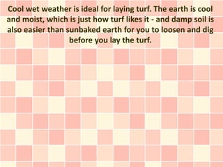 Cool wet weather is ideal for laying turf. The earth is cool
and moist, which is just how turf likes it - and damp soil is
also easier than sunbaked earth for you to loosen and dig
                  before you lay the turf.
 