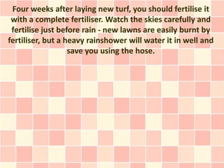 Four weeks after laying new turf, you should fertilise it
 with a complete fertiliser. Watch the skies carefully and
 fertilise just before rain - new lawns are easily burnt by
fertiliser, but a heavy rainshower will water it in well and
                   save you using the hose.
 