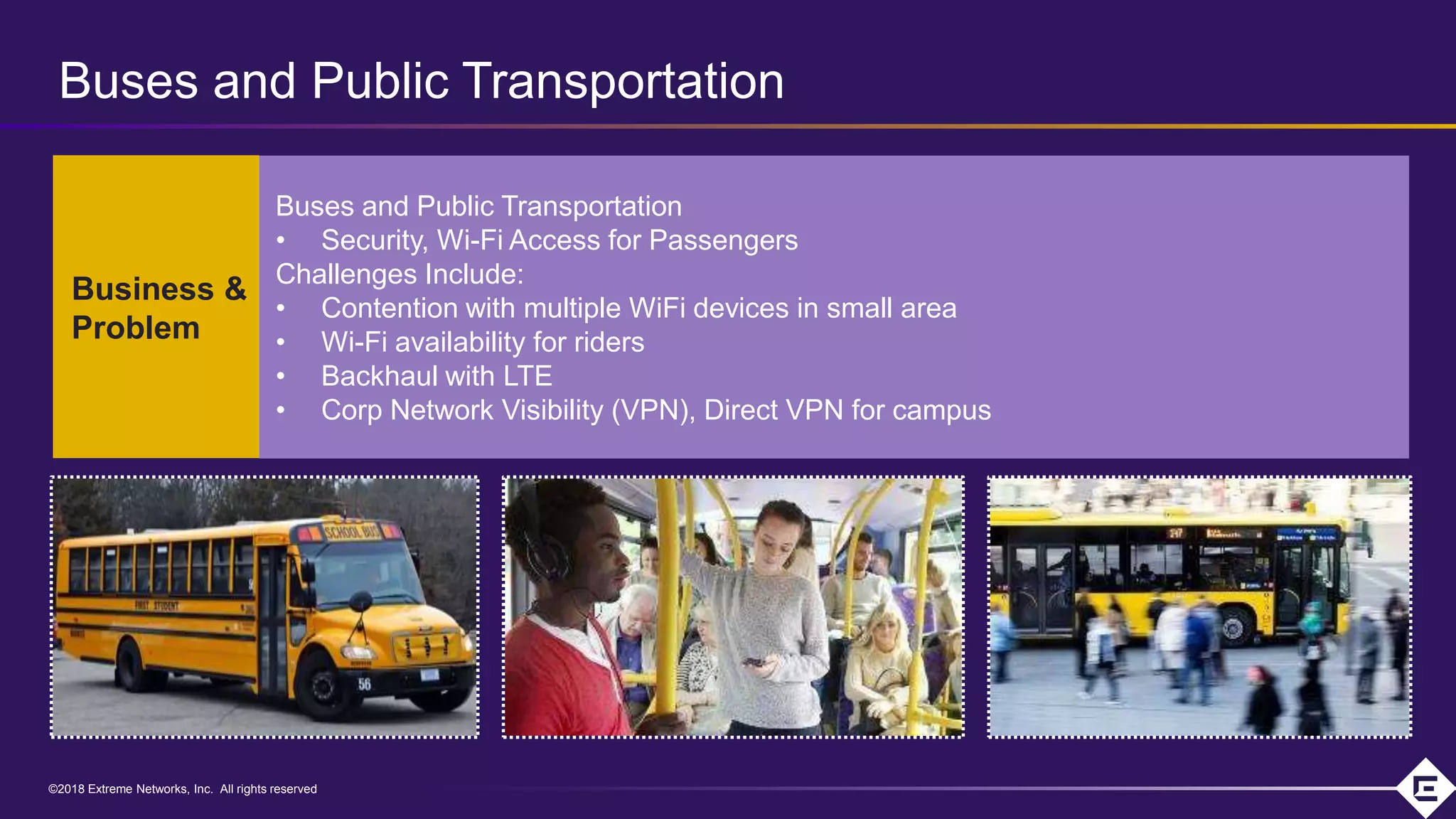 ©2018 Extreme Networks, Inc. All rights reserved©2018 Extreme Networks, Inc. All rights reserved
Business &
Problem
Buses and Public Transportation
• Security, Wi-Fi Access for Passengers
Challenges Include:
• Contention with multiple WiFi devices in small area
• Wi-Fi availability for riders
• Backhaul with LTE
• Corp Network Visibility (VPN), Direct VPN for campus
Buses and Public Transportation
 
