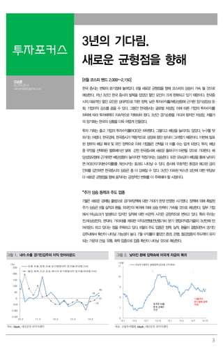 3
투자포커스
3년의 기다림.
새로운 균형점을 향해
오승훈
02.769.3912
oshoon99@dashin.com
[8월 코스피 밴드 2,000~2,150]
한국 증시는 변화의 분기점에 놓여있다. 8월 새로운 균형점을 향해 코스피의 상승이 가속 될 것으로
예상한다. 지난 3년간 한국 증시의 발목을 잡았던 할인 요인이 크게 완화되고 있기 때문이다. 한국증
시의 대표적인 할인 요인은 상대적으로 약한 정책, 낮은 투자수익률/배당성향에 근거한 장기성장성 둔
화, 기업이익 감소를 꼽을 수 있다. 그동안 한국증시는 글로벌 저성장, 이에 따른 기업의 투자수익률
하락에 따라 투자매력이 지속적으로 약화되어 왔다. 3년간 경기순환을 기다려 왔지만 저성장, 저물가
의 장기화는 한국의 상황을 더욱 어렵게 만들었다.
투자 기회는 줄고 기업의 투자수익률(ROE)은 하락했다. 그렇다고 배당을 늘리지도 않았다. 누구를 탓
하기는 어렵다. 한국경제, 한국증시가 역동적으로 성장해 왔던 방식이 그러했기 때문이다. 이번에 발표
된 정부의 배당 확대 및 유인 정책으로 이제 기업들은 선택을 더 미룰 수는 없게 되었다. 투자, 배당
중 무엇을 선택하든 밸류에이션 덫에 갇힌 한국증시에 새로운 돌파구가 마련될 것으로 기대한다. 배
당성장모형에 근거하면 배당성향이 높아지면 적정가치는 상승한다. 또한 유보금이 배당을 통해 낮아지
면 ROE(자기자본수익률)를 개선시키는 효과도 나타날 수 있다. 증시에 우호적인 환경과 예고된 금리
인하를 감안하면 한국증시의 상승은 좀 더 강해질 수 있다. 3년간 지속된 박스권 상단에 대한 부담보
다 새로운 균형점을 향해 움직이는 긍정적인 변화를 더 주목해야 할 시점이다.
*주가 상승 동력과 주도 업종
7월은 새로운 경제팀 출범으로 경기부양책에 대한 기대가 한껏 반영된 시기였다. 정책에 의해 촉발된
주가 상승은 8월 실적과 환율, 외국인의 복귀에 의해 상승 탄력이 가속될 것으로 예상한다. 일부 기업
에서 어닝쇼크가 발생하고 있지만 실적에 대한 비관적 시각은 긍정적으로 변하고 있다. 특히 우리는
전,차(삼성전자, 현대차, 기아차)를 제외한 이익모멘텀(전년동기비 분기 영업이익증가율)이 3년만에 턴
어라운드 하고 있다는 점을 주목하고 있다. 8월의 주도 업종은 정책, 실적, 환율이 결합되면서 경기민
감주내에서 확산이 나타날 가능성이 높다. 7월 수익률이 좋았던 증권, 은행, 철강업종의 주도력이 유지
되는 가운데 건설, 유통, 화학 업종으로 업종 확산이 나타날 것으로 예상한다.
그림 1. 내수,수출 경기민감주의 이익 턴어라운드 그림 2. 낮아진 환매 압력속에 미국계 자금의 복귀
18
46
-16
21
(150)
(100)
(50)
0
50
100
150
200
250
10.3 11.3 12.3 13.3 14.3
(%)
은행,유통,증권,건설 분기영업이익 증가율(전년동기비)
철강,화학,조선,운송,에너지 분기영업이익 증가율(전년동기비)
6
7
8
9
10
11
13.1 13.4 13.7 13.10 14.1 14.4 14.7 14.10
(조원)
국내주식형펀드 환매압력(공모형, ETF제외)
10월까지
펀드환매 압력
약화외국인 44일
연속 순매수
구간
자료: Wisefn, 대신증권 리서치센터 자료: 금융투자협회, Wisefn, 대신증권 리서치센터
 
