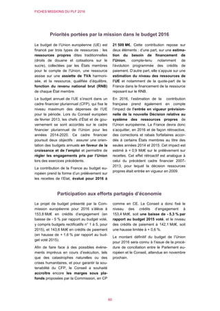 FICHES MISSIONS DU PLF 2016
60
Priorités portées par la mission dans le budget 2016
Le budget de l’Union européenne (UE) est
financé par trois types de ressources : les
ressources propres dites traditionnelles
(droits de douane et cotisations sur le
sucre), collectées par les États membres
pour le compte de l’Union, une ressource
assise sur une assiette de TVA harmoni-
sée, et la ressource, qualifiée d’équilibre,
fonction du revenu national brut (RNB)
de chaque État membre.
Le budget annuel de l’UE s’inscrit dans un
cadre financier pluriannuel (CFP), qui fixe le
niveau maximum des dépenses de l’UE
pour la période. Lors du Conseil européen
de février 2013, les chefs d’État et de gou-
vernement se sont accordés sur le cadre
financier pluriannuel de l’Union pour les
années 2014-2020. Ce cadre financier
poursuit deux objectifs : assurer une orien-
tation des budgets annuels en faveur de la
croissance et de l’emploi et permettre de
régler les engagements pris par l’Union
lors des exercices précédents.
La contribution de la France au budget eu-
ropéen prend la forme d’un prélèvement sur
les recettes de l’Etat, évalué pour 2016 à
21 509 M€. Cette contribution repose sur
deux éléments : d’une part, sur une estima-
tion du besoin de financement de
l’Union, compte-tenu notamment de
l’évolution programmée des crédits de
paiement. D’autre part, elle s’appuie sur une
estimation du niveau des ressources de
l’UE et notamment de la quote-part de la
France dans le financement de la ressource
reposant sur le RNB.
En 2016, l’estimation de la contribution
française prend également en compte
l’impact de l’entrée en vigueur prévision-
nelle de la nouvelle Décision relative au
système des ressources propres de
l’Union européenne. La France devra donc
s’acquitter, en 2016 et de façon rétroactive,
des corrections et rabais forfaitaires accor-
dés à certains États membres au titre des
seules années 2014 et 2015. Cet impact est
estimé à + 0,9 Md€ sur le prélèvement sur
recettes. Cet effet rétroactif est analogue à
celui du précédent cadre financier 2007-
2013, pour lequel la décision ressources
propres était entrée en vigueur en 2009.
Participation aux efforts partagés d’économie
Le projet de budget présenté par la Com-
mission européenne pour 2016 s’élève à
153,8 Md€ en crédits d’engagement (en
baisse de - 5 % par rapport au budget voté,
y compris budgets rectificatifs n° 1 à 5, pour
2015), et 143,6 Md€ en crédits de paiement
(en hausse de + 1,6 % par rapport au bud-
get voté 2015).
Afin de faire face à des possibles évène-
ments imprévus en cours d’exécution, tels
que des catastrophes naturelles ou des
crises humanitaires, et pour garantir la sou-
tenabilité du CFP, le Conseil a souhaité
accroître encore les marges sous pla-
fonds proposées par la Commission, en CP
comme en CE. Le Conseil a donc fixé le
niveau des crédits d’engagement à
153,4 Md€, soit une baisse de - 5,3 % par
rapport au budget 2015 voté, et le niveau
des crédits de paiement à 142,1 Md€, soit
une hausse limitée à + 0,6 %.
Le montant définitif du budget de l’Union
pour 2016 sera connu à l’issue de la procé-
dure de conciliation entre le Parlement eu-
ropéen et le Conseil, attendue en novembre
prochain.
 