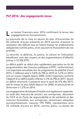 2
PLF 2016 : des engagements tenus
L es textes financiers pour 2016 confirment la tenue des
engagements du Gouvernement.
La poursuite de la mise en œuvre du plan d’économies de
50 milliards d’euros présenté en 2014 permet d’assurer la
résorption des déficits tout en faisant baisser les prélèvements
obligatoires comme prévu, et en assurant le financement de nos
priorités.
La sécurité, la défense, la justice, la culture et l’éducation
bénéficient ainsi des moyens et des augmentations d’effectifs
prévus (+12 500 ETP).
Le déficit public se réduit plus rapidement que prévu en loi de
programmation des finances publiques (LPFP) : conformément
à la trajectoire actualisée lors du programme de stabilité d’avril
2015, il s’élèvera ainsi à 3,8 % du PIB en 2015 et 3,3 % en 2016,
soit un niveau inégalé depuis 2008. Cette trajectoire conforte
l’objectif d’un déficit public inférieur à 3 % du PIB en 2017. Quant
au déficit structurel, il passerait sous le seuil de 2 % dès 2015,
soit le niveau le plus faible depuis l’an 2000, et poursuivrait sa
diminution à 1,2 % en 2016.
Les engagements de baisses d’impôts sont également respectés.
Le total des mesures de soutien aux entreprises, découlant
du CICE et du Pacte de responsabilité et de solidarité et des
mesures favorables aux entreprises récemment adoptées
(suramortissement, mesures TPE PME), représentera ainsi
33 milliards d’euros en 2016, comme prévu. La baisse de
 