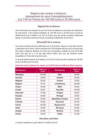 PRINCIPALES MESURES FISCALES DU PLF 2016
13
Régime des ventes à distance :
abaissement du seuil d’assujettissement
à la TVA en France de 100 000 euros à 35 000 euros
Objectif de la réforme
Afin d’harmoniser les pratiques au sein de l’Union européenne et de réduire les distorsions
de concurrence, il est proposé d’abaisser de 100 000 euros à 35 000 euros le seuil de
déclenchement de la taxation à la TVA en France, pour les ventes à distance effectuées
depuis un autre Etat membre de l’Union européenne à destination de la France.
Descriptif de la mesure
Les ventes à distance de biens effectuées par un fournisseur, depuis un autre État membre
à destination de la France, seront soumises à la TVA française dès lors que le montant total
des ventes à distance réalisées en France par cet opérateur excédera le seuil de 35 000
euros hors taxe (et si il n’a pas déjà exercé l’option pour que ces livraisons soient
imposables en France dès le premier euro).
Le seuil de déclenchement de la taxation à la TVA en France est donc abaissé de 100 000
euros à 35 000 euros hors taxe.
Seuils de ventes à distance en vigueur (avril 2015) dans les différents États membres
État Membre
Valeur en
Euros
État Membre
Valeur en
Euros
Allemagne 100.000 Italie 35.000
Autriche 35.000 Lettonie 35.000
Belgique 35.000 Lituanie 35.000
Bulgarie 35.791 Luxembourg 100.000
Chypre 35.000 Malte 35.000
Croatie 35.621 Pays-Bas 100.000
Danemark 37.498 Pologne 39.822
Espagne 35.000 Portugal 35.000
Estonie 35.000 République Tchèque 41.583
Finlande 35.000 Roumanie 26.700
France 100.000 Royaume-Uni 97.656
Grèce 35.000 Slovaquie 35.000
Hongrie 35.000 Slovénie 35.000
Irlande 35.000 Suède 34.366
Recettes estimées
La mesure représente un gain estimé à 5 millions d’euros.
 