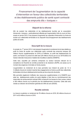 PRINCIPALES MESURES FISCALES DU PLF 2016
25
Financement de l’augmentation de la capacité
d’intervention en faveur des collectivités territoriales
et des établissements publics de santé ayant contracté
des emprunts dits « toxiques »
Objectif de la réforme
Afin de soutenir les collectivités et les établissements touchés par la souscription
d'emprunts « toxiques », particulièrement affectés par l’augmentation forte du cours du franc
suisse en janvier 2015, il est proposé d’augmenter les capacités d'intervention du fonds de
soutien aux collectivités territoriales et du dispositif d'accompagnement des établissements
publics de santé.
Descriptif de la mesure
A compter du 1
er
janvier 2016, il est proposé d’augmenter le rendement de la taxe établie au
profit du fonds de soutien aux collectivités ayant contracté des emprunts toxiques (50
millions d'euros supplémentaires en 2016) et d'affecter, au profit des établissements de
santé, une fraction du produit de cette taxe (28 millions d'euros par an sur 2016-2025) à la
Caisse nationale d’assurance maladie des travailleurs salariés (CNAMTS).
Cette taxe, acquittée par certaines entreprises du secteur bancaire relevant de la
compétence de l'Autorité de contrôle prudentiel et de résolution (ACPR), est assise sur le
montant des exigences minimales en fonds propres.
L’augmentation du rendement de la taxe permettra tout d’abord de porter de 1,5 à
3 milliards d’euros le montant maximal des engagements du fonds au profit des collectivités
territoriales et de leurs établissements touchés par les emprunts structurés.
Elle permettra également d’affecter des ressources supplémentaires à la CNAMTS pour
aider les établissements publics de santé éligibles à faire face au renchérissement des
indemnités de remboursement anticipé (IRA) consécutif à la hausse du franc suisse, évalué
à 300 millions d’euros sur la période pour les établissements concernés. Cette aide sera
versée sur décision de la Direction générale de l’offre de soin (DGOS).
Recette estimée
La mesure va générer un rendement de 78 millions d’euros en 2016, 80 millions d’euros en
2017 et 82 millions d’euros en 2018.
 