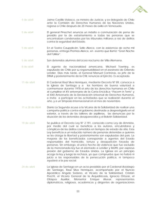 4 de abril         Jaime Castillo Velasco, ex ministro de Justicia, y ex delegado de Chile
                   ante la Comisión de Derechos Humanos de las Naciones Unidas,
                   regresa a Chile después de 20 meses de exilio en Venezuela.

5 de abril         El general Pinochet anuncia un indulto o conmutación de pena de
                   presidio por la de extrañamiento a todas las personas que se
                   encontraban condenadas por los tribunales militares a raíz de delitos
                   contra la seguridad del Estado.

5 de abril         En el Teatro Caupolicán, Sello Alerce, con la asistencia de ocho mil
                   personas, entrega Premios Alerce, en evento que llamó “Gran Noche
                   del Folklor”.

5 de abril         Son detenidos alumnos del Liceo nocturno de Villa Alemana.

8 de abril         El agente de nacionalidad americana, Michael Townley, es
                   expulsado de Chile por su responsabilidad en el asesinato de Orlando
                   Letelier. Días más tarde, el General Manuel Contreras, ex jefe de la
                   DINA y posteriormente de la CNI, renuncia al Ejército. Es aceptada.

11 de abril        El Cardenal Raúl Silva Henríquez, mediante Decreto Nº 89, convoca a
                   la Iglesia de Santiago y a los hombres de buena voluntad a
                   conmemorar durante 1978 el año de los derechos humanos en Chile
                   al cumplirse el XV aniversario de la Carta Encíclica “Pacem in Terris” y
                   el XXX Aniversario de la Declaración Universal de Derechos Humanos,
                   e invita a participar en las actividades que se realizarán durante el
                   año, y a un Simposio Internacional en el mes de noviembre.

11 a 28 de Abril   Diario La Segunda acusa a la Vicaría de la Solidaridad de realizar una
                   campaña política contra el gobierno destinada a desprestigiarlo en el
                   exterior, a través de los talleres de arpilleras, las denuncias por la
                   situación de los detenidos desaparecidos y el Boletín Solidaridad.

19 de abril        Se publica el Decreto Ley N° 2.191, conocido como Ley de Amnistía,
                   por medio del cual se beneficia a los autores, encubridores y
                   cómplices de los delitos cometidos en tiempos de estado de sitio. Esta
                   Ley beneficia a un reducido número de personas detenidas a quienes
                   se les otorga la libertad y posteriormente son expulsadas del país. La
                   mayoría de los beneficiados corresponde a agentes del Estado
                   responsables del homicidio, tortura y desaparición forzada de
                   personas. Sin embargo, el único hecho de violencia que fue excluido
                   de la mencionada ley fue el atentado a Letelier y Moffit, por expresa
                   presión del gobierno de Estados Unidos. La Iglesia en un principio
                   acoge la ley y luego la rechaza, ya que comprueba que no habrá ni
                   juicio a los responsables de la persecución política, ni tampoco
                   ayudará a la paz social.

24 de abril        La Iglesia de Santiago en un acto presidido por el Cardenal Arzobispo
                   de Santiago, Raúl Silva Henríquez, acompañado por el Nuncio
                   Apostólico Angelo Sodano, el Vicario de la Solidaridad, Cristián
                   Precht, el Vicario General de la Arquidiócesis, Ignacio Ortúzar, el
                   Obispos     Auxiliar, Monseñor    Enrique    Alvear,   representantes
                   diplomáticos, religiosos, académicos y dirigentes de organizaciones


                                           11
 