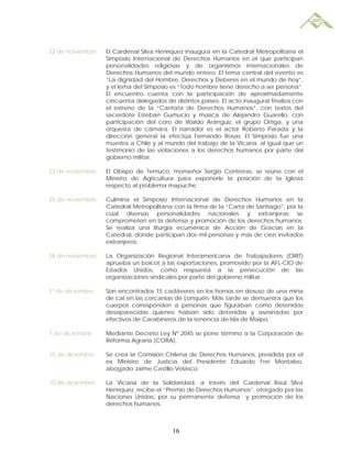 22 de noviembre   El Cardenal Silva Henríquez inaugura en la Catedral Metropolitana el
                  Simposio Internacional de Derechos Humanos en el que participan
                  personalidades religiosas y de organismos internacionales de
                  Derechos Humanos del mundo entero. El tema central del evento es
                  “La dignidad del Hombre, Derechos y Deberes en el mundo de hoy”,
                  y el lema del Simposio es “Todo hombre tiene derecho a ser persona”.
                  El encuentro cuenta con la participación de aproximadamente
                  cincuenta delegados de distintos países. El acto inaugural finaliza con
                  el estreno de la “Cantata de Derechos Humanos”, con textos del
                  sacerdote Esteban Gumucio y música de Alejandro Guarello, con
                  participación del coro de Waldo Aránguiz, el grupo Ortiga, y una
                  orquesta de cámara. El narrador es el actor Roberto Parada y la
                  dirección general la efectúa Fernando Rosas. El Simposio fue una
                  muestra a Chile y al mundo del trabajo de la Vicaría, al igual que un
                  testimonio de las violaciones a los derechos humanos por parte del
                  gobierno militar.

23 de noviembre   El Obispo de Temuco, monseñor Sergio Contreras, se reúne con el
                  Ministro de Agricultura para exponerle la posición de la Iglesia
                  respecto al problema mapuche.

25 de noviembre   Culmina el Simposio Internacional de Derechos Humanos en la
                  Catedral Metropolitana con la firma de la “Carta de Santiago”, por la
                  cual diversas personalidades nacionales y extranjeras se
                  comprometen en la defensa y promoción de los derechos humanos.
                  Se realiza una liturgia ecuménica de Acción de Gracias en la
                  Catedral, donde participan dos mil personas y más de cien invitados
                  extranjeros.

26 de noviembre   La Organización Regional Interamericana de Trabajadores (ORIT)
                  aprueba un boicot a las exportaciones, promovido por la AFL-CIO de
                  Estados Unidos, como respuesta a la persecución de las
                  organizaciones sindicales por parte del gobierno militar.

1º de diciembre   Son encontrados 15 cadáveres en los hornos en desuso de una mina
                  de cal en las cercanías de Lonquén. Más tarde se demuestra que los
                  cuerpos corresponden a personas que figuraban como detenidas
                  desaparecidas quienes habían sido detenidas y asesinadas por
                  efectivos de Carabineros de la tenencia de Isla de Maipo.

7 de diciembre    Mediante Decreto Ley Nº 2045 se pone término a la Corporación de
                  Reforma Agraria (CORA).

10 de diciembre   Se crea la Comisión Chilena de Derechos Humanos, presidida por el
                  ex Ministro de Justicia del Presidente Eduardo Frei Montalvo,
                  abogado Jaime Castillo Velasco.

10 de diciembre   La Vicaría de la Solidaridad, a través del Cardenal Raúl Silva
                  Henríquez, recibe el “Premio de Derechos Humanos”, otorgado por las
                  Naciones Unidas, por su permanente defensa y promoción de los
                  derechos humanos.



                                         16
 