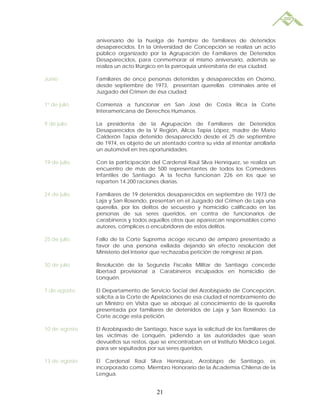 aniversario de la huelga de hambre de familiares de detenidos
               desaparecidos. En la Universidad de Concepción se realiza un acto
               público organizado por la Agrupación de Familiares de Detenidos
               Desaparecidos, para conmemorar el mismo aniversario, además se
               realiza un acto litúrgico en la parroquia universitaria de esa ciudad.

Junio          Familiares de once personas detenidas y desaparecidas en Osorno,
               desde septiembre de 1973, presentan querellas criminales ante el
               Juzgado del Crimen de ésa ciudad.

1º de julio    Comienza a funcionar en San José de Costa Rica la Corte
               Interamericana de Derechos Humanos.

9 de julio     La presidenta de la Agrupación de Familiares de Detenidos
               Desaparecidos de la V Región, Alicia Tapia López, madre de Mario
               Calderón Tapia detenido desaparecido desde el 25 de septiembre
               de 1974, es objeto de un atentado contra su vida al intentar arrollarla
               un automóvil en tres oportunidades.

19 de julio    Con la participación del Cardenal Raúl Silva Henríquez, se realiza un
               encuentro de más de 500 representantes de todos los Comedores
               Infantiles de Santiago. A la fecha funcionan 226 en los que se
               reparten 14.200 raciones diarias.

24 de julio    Familiares de 19 detenidos desaparecidos en septiembre de 1973 de
               Laja y San Rosendo, presentan en el Juzgado del Crimen de Laja una
               querella, por los delitos de secuestro y homicidio calificado en las
               personas de sus seres queridos, en contra de funcionarios de
               carabineros y todos aquellos otros que aparezcan responsables como
               autores, cómplices o encubridores de estos delitos.

25 de julio    Fallo de la Corte Suprema acoge recurso de amparo presentado a
               favor de una persona exiliada dejando sin efecto resolución del
               Ministerio del Interior que rechazaba petición de reingreso al país.

30 de julio    Resolución de la Segunda Fiscalía Militar de Santiago concede
               libertad provisional a Carabineros inculpados en homicidio de
               Lonquén.

7 de agosto    El Departamento de Servicio Social del Arzobispado de Concepción,
               solicita a la Corte de Apelaciones de esa ciudad el nombramiento de
               un Ministro en Visita que se aboque al conocimiento de la querella
               presentada por familiares de detenidos de Laja y San Rosendo. La
               Corte acoge esta petición.

10 de agosto   El Arzobispado de Santiago, hace suya la solicitud de los familiares de
               las víctimas de Lonquén, pidiendo a las autoridades que sean
               devueltos sus restos, que se encontraban en el Instituto Médico Legal,
               para ser sepultados por sus seres queridos.

13 de agosto   El Cardenal Raúl Silva Henríquez, Arzobispo de Santiago, es
               incorporado como Miembro Honorario de la Academia Chilena de la
               Lengua.


                                      21
 