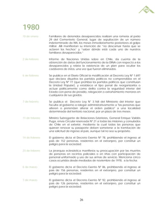 1980
10 de enero     Familiares de detenidos desaparecidos realizan una romería al patio
                29 del Cementerio General, lugar de sepultación de un número
                indeterminado de NN, los meses inmediatamente posteriores al golpe
                militar. Allí manifiestan su intención de “no descansar hasta que se
                aclaren los hechos” y “saber dónde está cada uno de nuestros
                familiares desaparecidos.”

2 de febrero    Informe de Naciones Unidas sobre en Chile, da cuenta de la
                obtención de datos del funcionamiento de la DINA con respecto a los
                desaparecidos y relata la existencia de un plan para ocultar los
                cadáveres de éstos, una vez que fueron eliminados.

6 de febrero    Se publica en el Diario Oficial la modificación al Decreto Ley Nº 1.697
                que declara disueltos los partidos políticos no comprendidos en el
                Decreto Ley Nº 77 (que prohibía los partidos políticos que constituían
                la Unidad Popular), y establece el tipo penal de reorganizarlos o
                actuar políticamente como delito contra la seguridad interior del
                Estado con pena de presidio, relegación o extrañamiento menores en
                cualquiera de sus grados.

7 de febrero    Se publica el Decreto Ley N° 3.168 del Ministerio del Interior que
                faculta al gobierno a relegar administrativamente a "las personas que
                alteren o pretendan alterar el orden público" a una localidad
                determinada del territorio nacional, por un plazo de tres meses.

11 de febrero   Ministro Subrogante de Relaciones Exteriores, General Enrique Valdés
                Puga, envía Circular reservada Nº 21 a todas las misiones y consulados
                de Chile en el exterior, mediante la cual todas las personas que
                quieran renovar su pasaporte deben someterse a la tramitación de
                una solicitud de ingreso al país, aunque tal no sea su propósito.

14 de febrero   El gobierno dicta el Decreto Exento Nº 78, prohibiendo el ingreso al
                país de 152 personas, residentes en el extranjero, por constituir un
                peligro para la sociedad.

23 de febrero   La jerarquía eclesiástica manifiesta su preocupación por las muertes
                de personas en recintos policiales o en riñas con participación de
                personal uniformado y uso de sus armas de servicio. Menciona cinco
                casos ocurridos desde mediados de noviembre de 1978, a la fecha.

6 de marzo      El gobierno dicta el Decreto Exento Nº 86, prohibiendo el ingreso al
                país de 156 personas, residentes en el extranjero, por constituir un
                peligro para la sociedad.

7 de marzo      El gobierno dicta el Decreto Exento Nº 92, prohibiendo el ingreso al
                país de 126 personas, residentes en el extranjero, por constituir un
                peligro para la sociedad.



                                       26
 